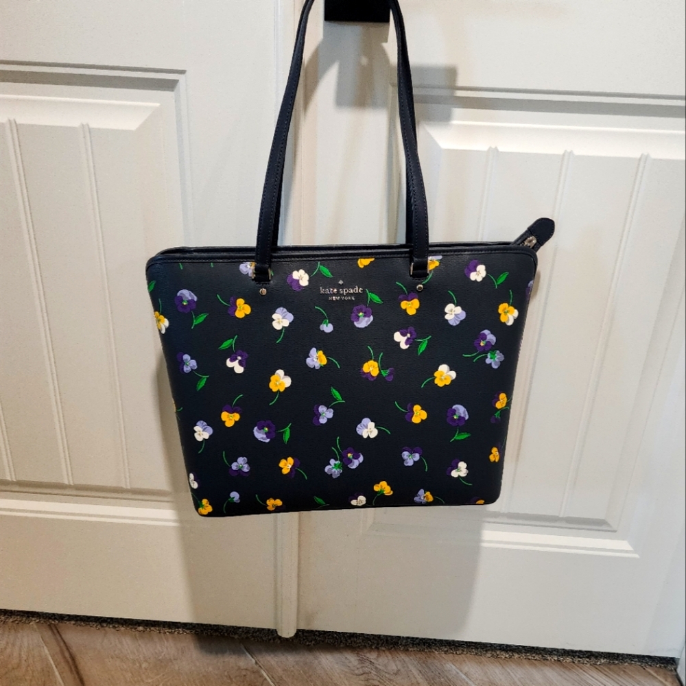 Kate Spade Large Top Zip Tote Bag Blazer Blue Pansy Toss Dahlia